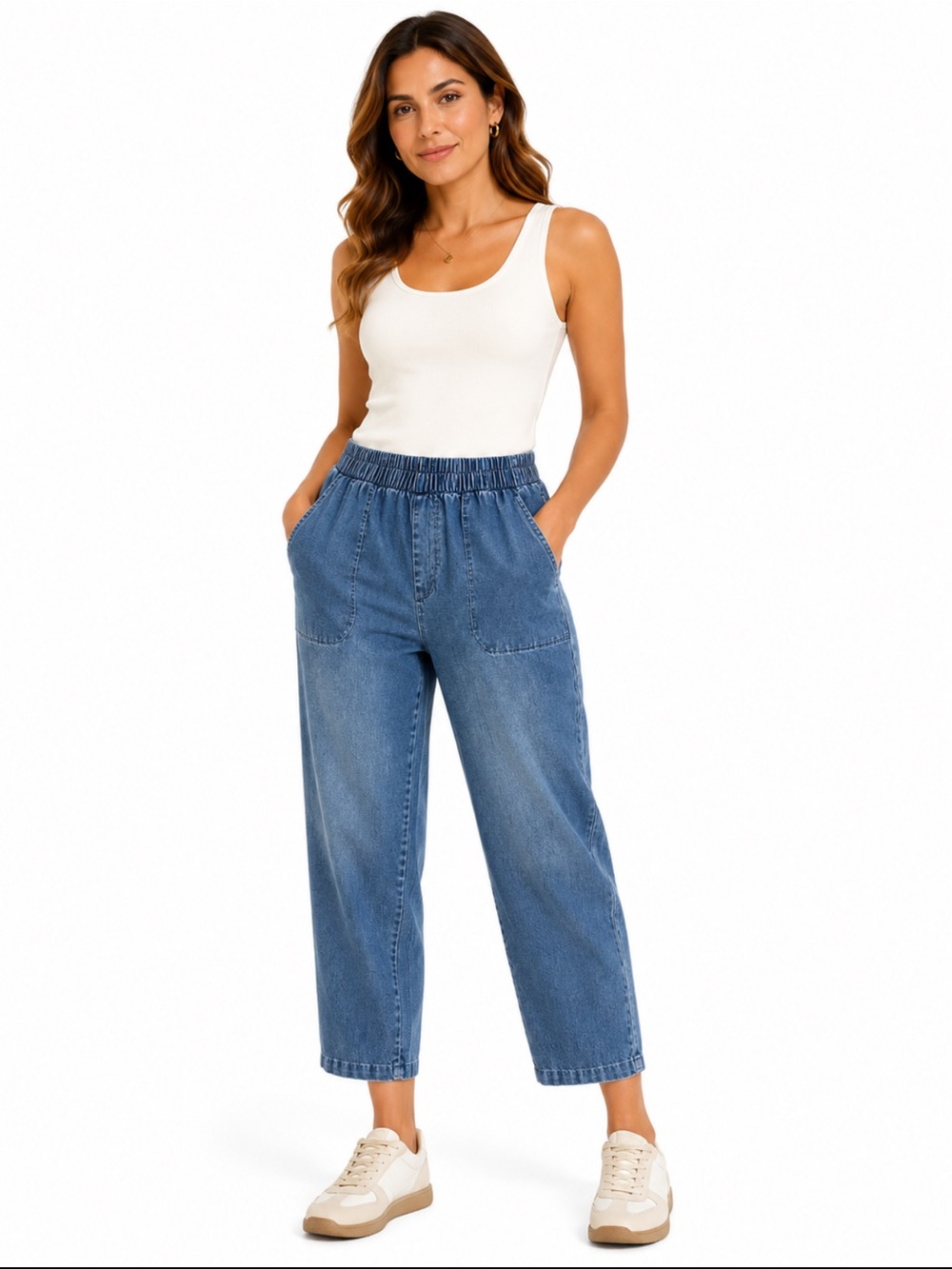 Woman Within Petite 22W Blue Denim Pull-On Capri Pants Elastic Waist Patch